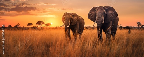 background of elephants in the grassland in the afternoon photo