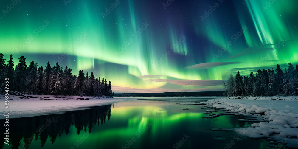 A green lights in the sky over a snowy forest
