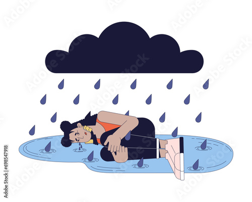 Winter blues sad woman 2D linear illustration concept. Latina woman depressed crying cartoon character isolated on white. Seasonal affective disorder metaphor abstract flat vector outline graphic