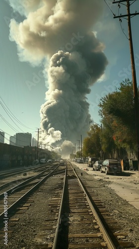 A plume of smoke rises into the sky in an urban area after an explosion. A giant explosion engulfs the city © ColdFire
