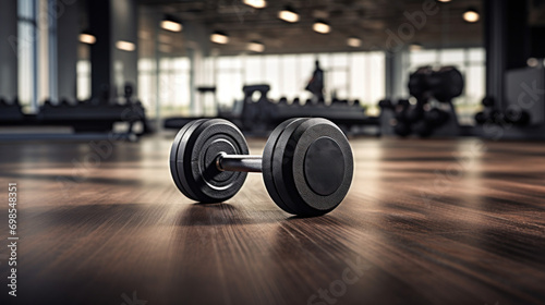 Black dumbbell rests on a gym floor, its sleek design ready for an intense workout session. © Omtuanmuda