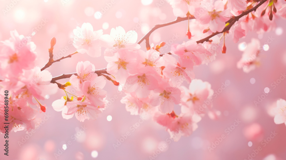 Scattered pink cherry blossoms on blurred soft pink background with bokeh effect with feeding flower leaves. Banner for cosmetic products. Japanese Hanami holiday of sakura blossoms. Relaxation.Banner