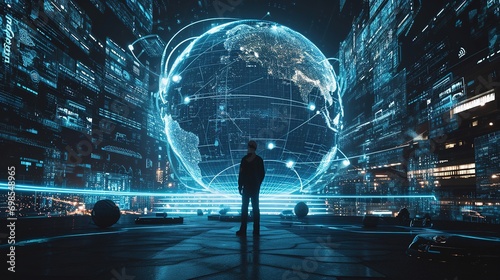 Businessman, night or vr global network hologram for digital future technology, big data or virtual reality. Dark office, globe overlay or person in futuristic metaverse world photo
