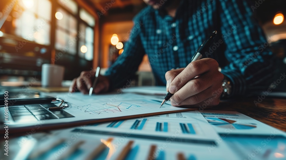 Businessman, writing in notebook and working in accounting firm for business tax, compliance and financial planning. Finance reports, sales analylst and accountant with strategy for investment audit Businessman, writing in notebook and working in accounting firm for business tax, compliance and financial planning. Finance reports, sales analylst and accountant with strategy for investment audit