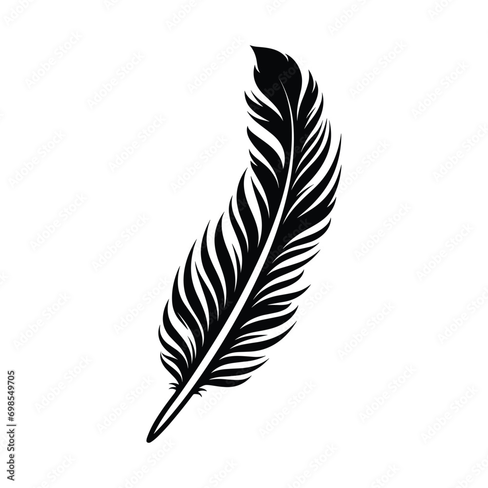 Black fluffy feather. Hand drawing vintage art realistic quill feathers for pen detailed isolated vector elegant silhouette sketch bird plume set