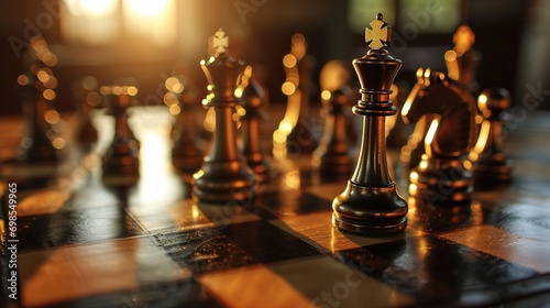 Chess pieces on a chessboard, Chessboard with King, Business Concept and Leadership Challenge