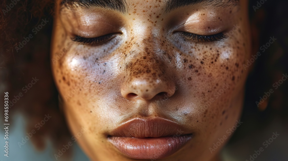 Close up of freckles on mixed race woman with her eyes closed 