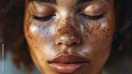 Close up of freckles on mixed race woman with her eyes closed 