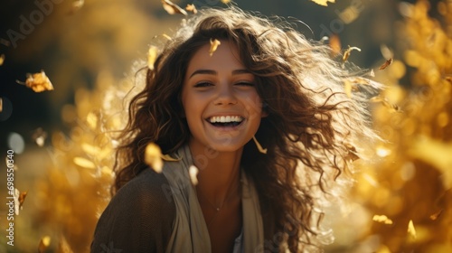Young woman smiles warmly amidst the golden leaves of autumn.