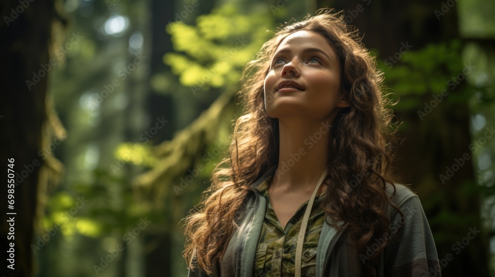 Young woman gazes upwards, her expression one of hope and serenity, amidst the tranquility of a forest. Young woman gazes upwards, her expression one of hope and serenity, amidst the tranquility of a forest.