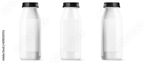 Set of three sleek white bottles with black caps, versatile for milk, cream, or dessert drinks. Isolated vector illustration, front view with blank label for design mockup. Vector illustration. photo