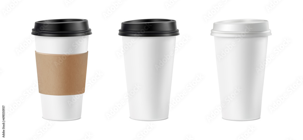 3d realistic vector icon illustration. White paper coffee cup with black lid. Isolated on white background. 3d realistic vector icon illustration. White paper coffee cup with black lid. Isolated on white background.