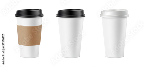 3d realistic vector icon illustration. White paper coffee cup with black lid. Isolated on white background.