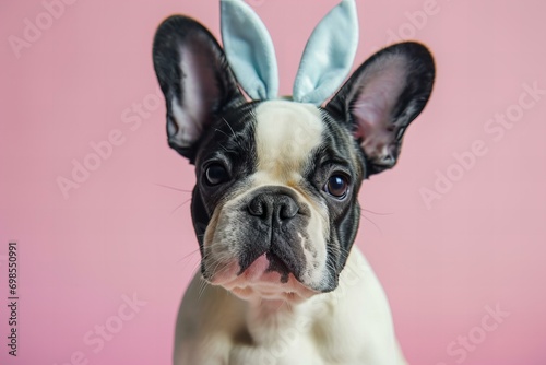 cute french bulldog with easter bunny ears on a pastel color background