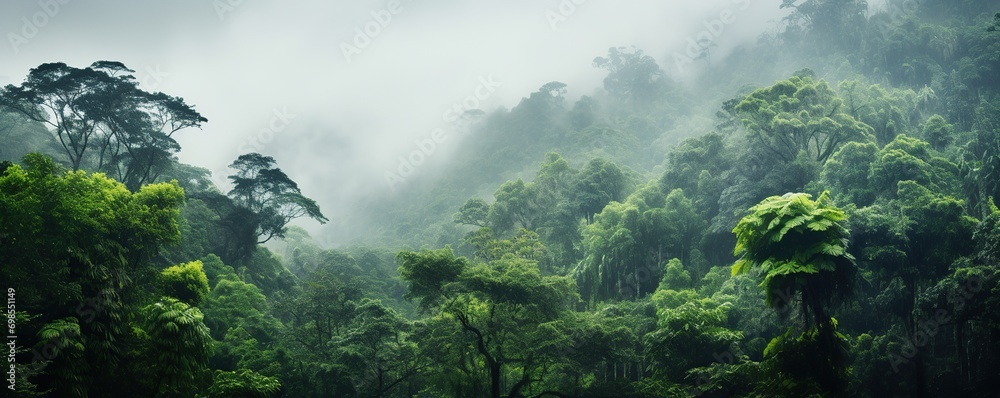 view of tropical forest with fog in the morning during the rainy season	
 - obrazy, fototapety, plakaty 