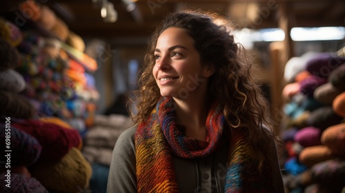 Wallpaper Mural Confident woman poses with handcrafted yarns in a cozy artisanal shop. Torontodigital.ca