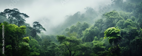 view of tropical forest with fog in the morning during the rainy season	
 photo