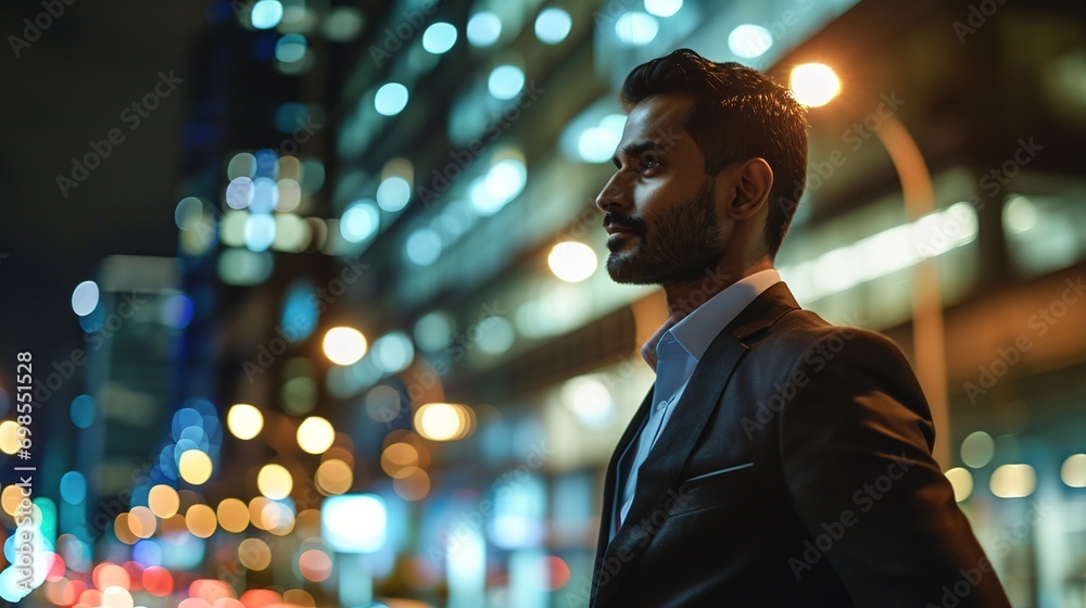 Confident rich eastern indian business man executive standing in modern big city looking and dreaming of future business success Confident rich eastern indian business man executive standing in modern big city looking and dreaming of future business success