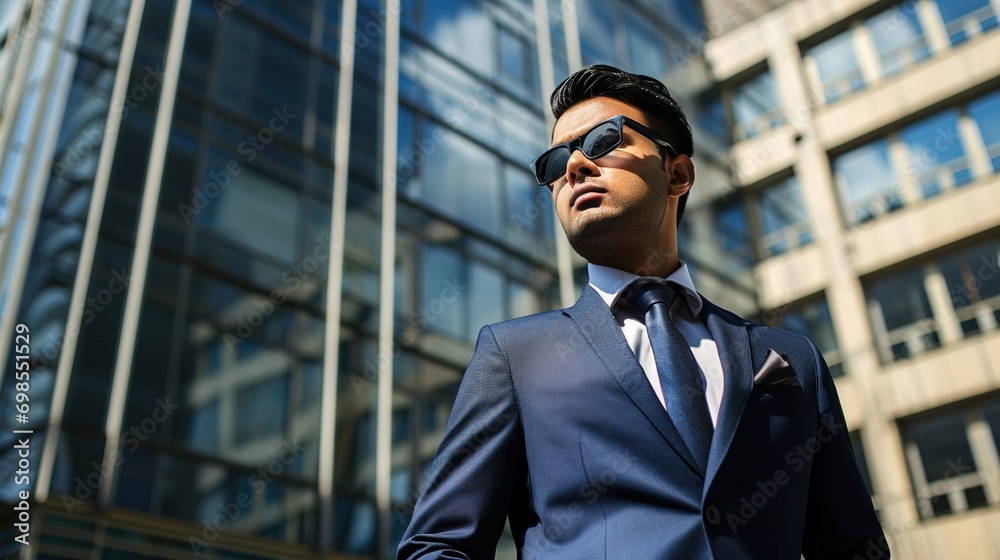 Confident rich eastern indian business man executive standing in modern big city looking and dreaming of future business success Confident rich eastern indian business man executive standing in modern big city looking and dreaming of future business success