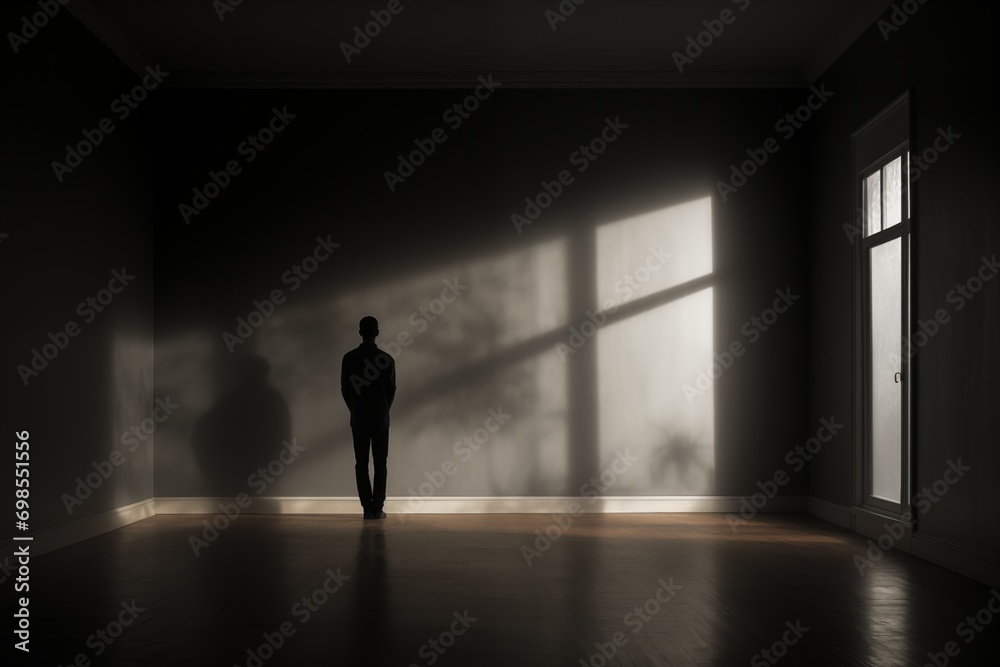 The silhouette of a lonely man in an empty dark room. The silhouette of a lonely man in an empty dark room.