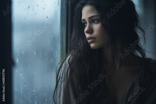 Portrait of a sad young girl at the window.