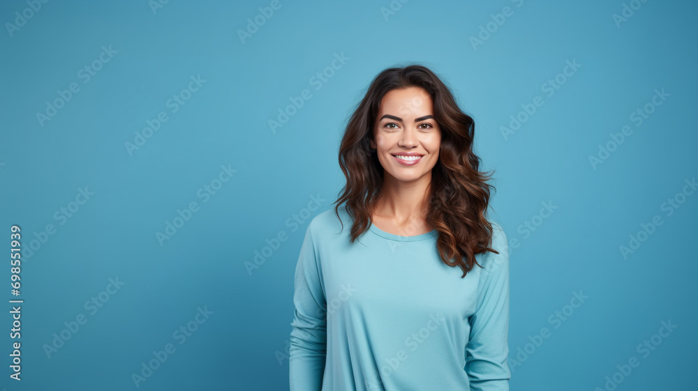 Smiling attractive woman look to the camera on blue background Smiling attractive woman look to the camera on blue background