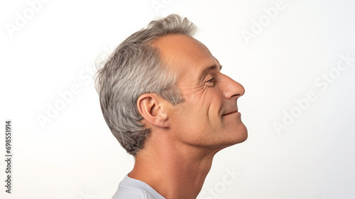 side view of a middle aged man on white background
