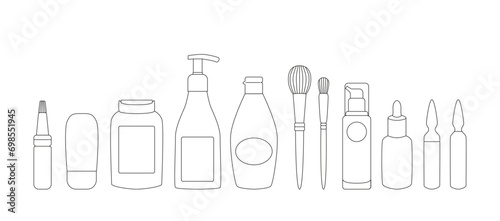 Outline cosmetics packaging - jars, bottles, tubes, ampoules. Skin and hair care, beauty routine - cream, serum, cleanser, spray, shampoo, shower gel, brushes. Organic cosmetics icons. Coloring book. 