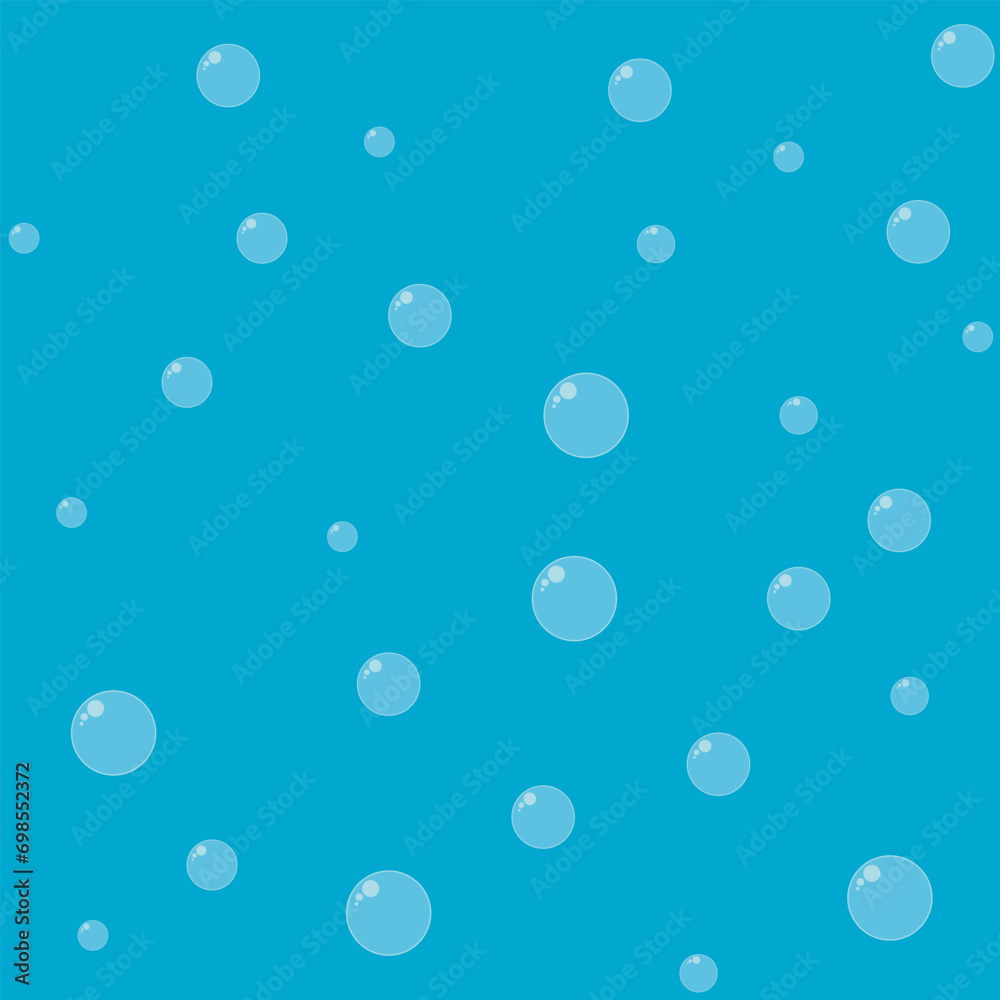 Bubbles of different sizes are freely arranged on a blue background. Flat style. Isolated. Seamless pattern. Background for paper, cover, fabric, textile, dishes, interior decor.