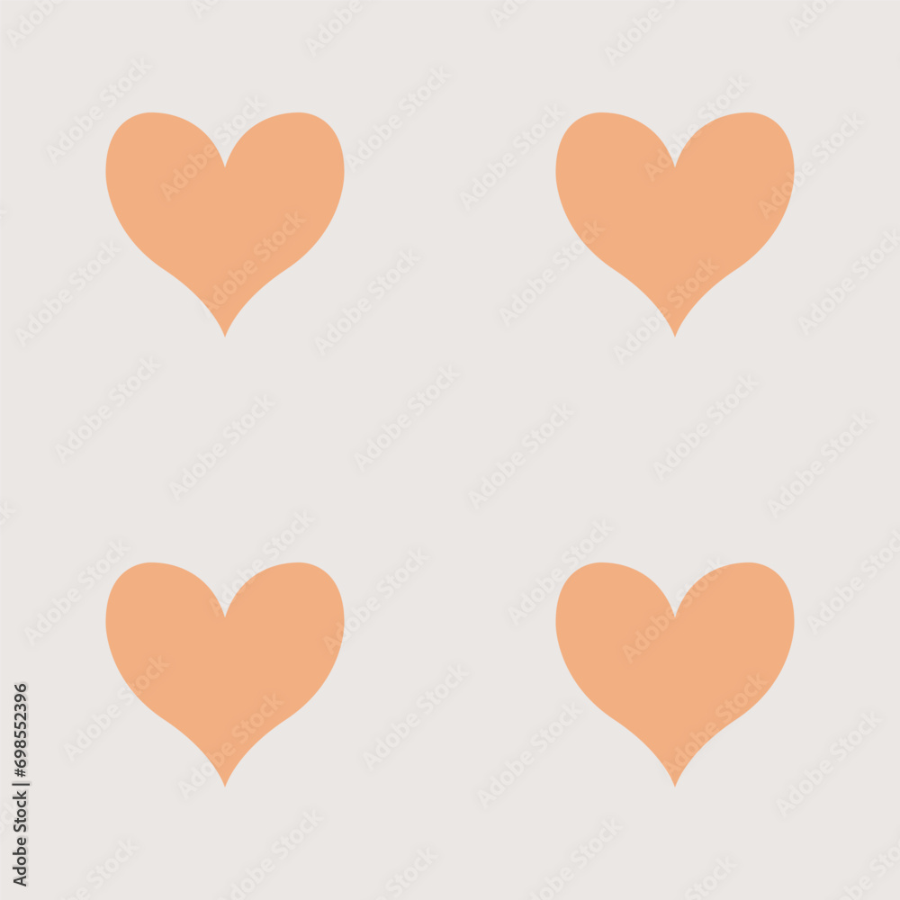 Peach color hearts on a light background. Flat style, simple objects. Festive background. Seamless pattern. Isolated on beige. Background for decor.