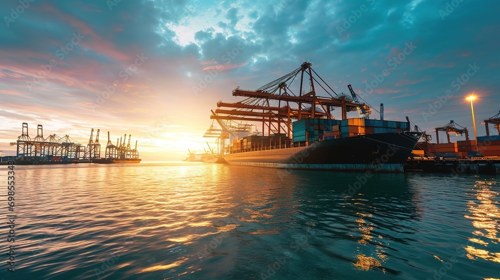 Obraz premium container cargo freight ship at sunset