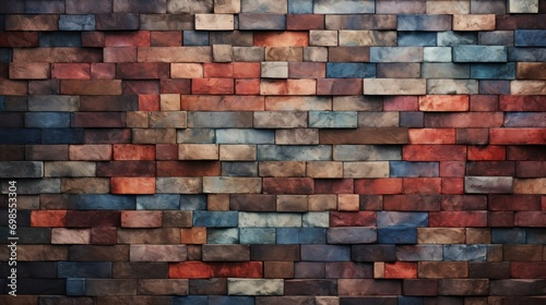 Close-up of a textured wall with a mosaic of richly hued bricks.