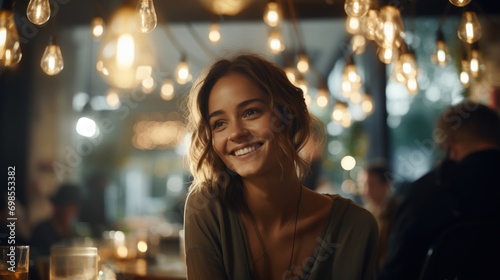 Woman smiles warmly in a well-lit cafe, her eyes reflecting the soft glow of hanging lights.