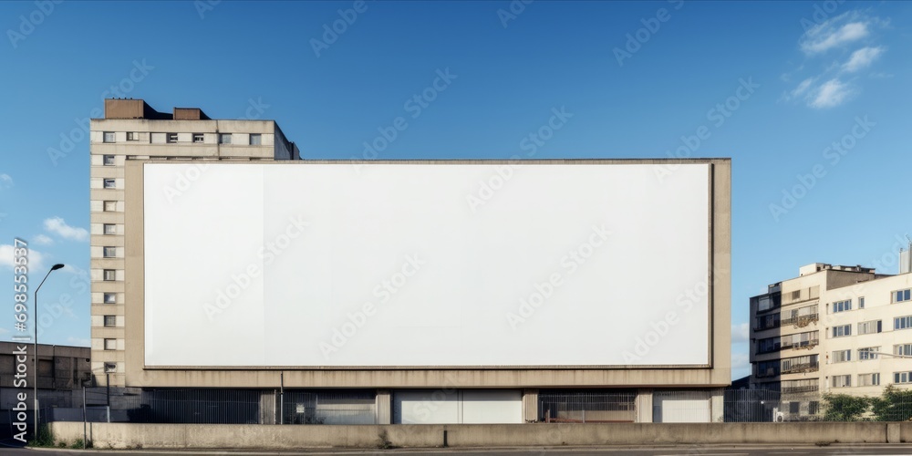 Modern building facade with a large blank billboard against a blue sky with clouds. Modern building facade with a large blank billboard against a blue sky with clouds.