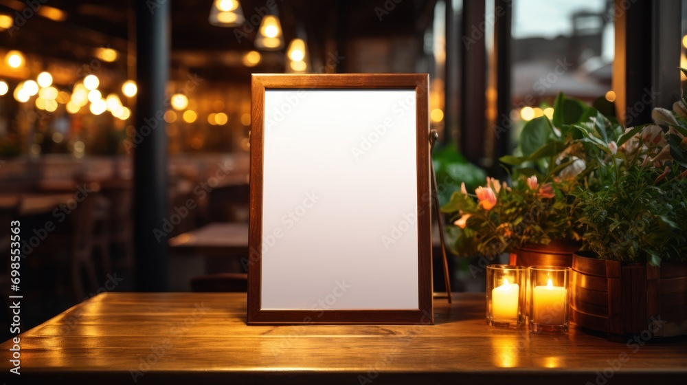 Empty menu frame on a table in a restaurant awaits guests Empty menu frame on a table in a restaurant awaits guests