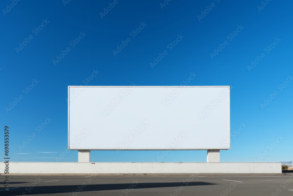 Modern building facade with a large blank billboard against a blue sky with clouds. Modern building facade with a large blank billboard against a blue sky with clouds.