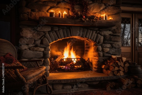 Cozying Up By A Warm Fireplace On A Chilly Evening With Burning Logs