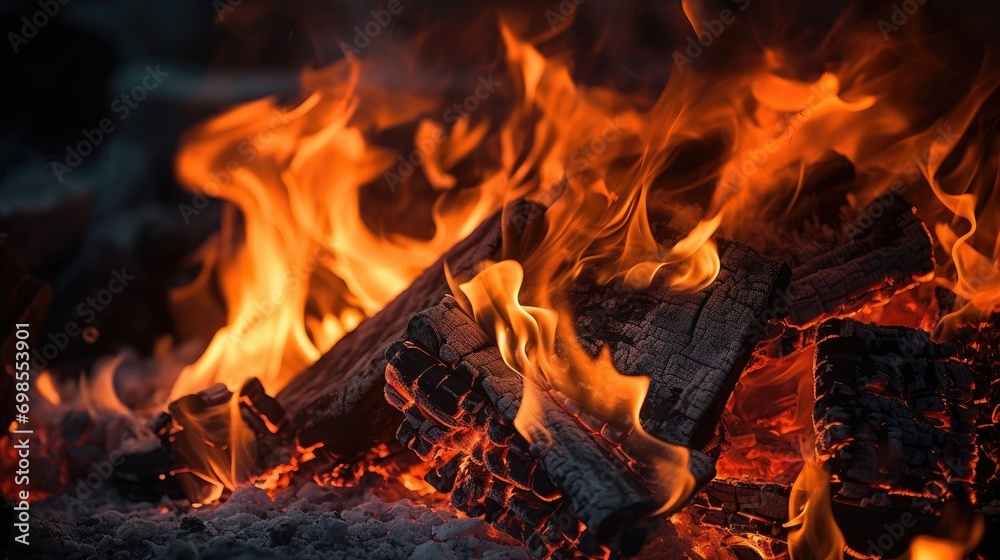 Burning firewood and coals of a fire close up. Background for grilled food with fire. Burning firewood and coals of a fire close up. Background for grilled food with fire.
