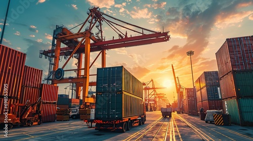 Control employees operate cranes, load intermediate container boxes, order trucks and move containers to maintain organisation, transport, import and export, and cargo freight logistics photo