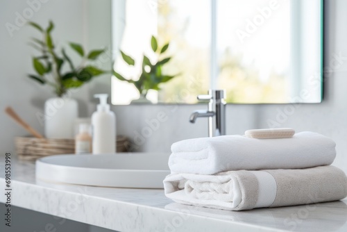 Bathroom countertop with rolled towels  a bar of soap in a dish  and toiletries against a white brick wall.