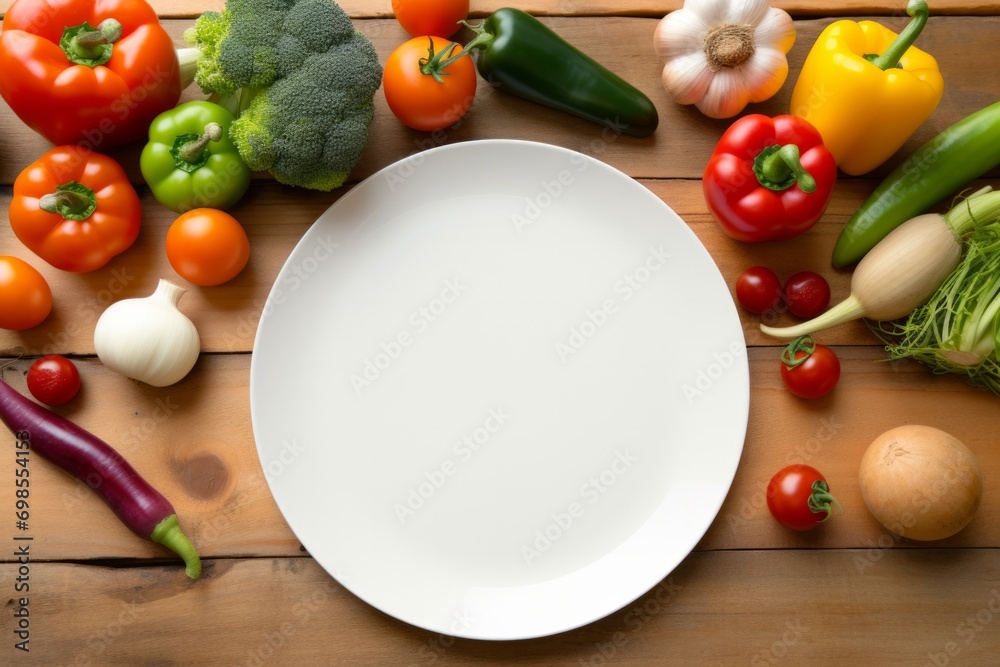 Top view of a white plate surrounded by an array of fresh vegetables and fruits on a light wooden background.