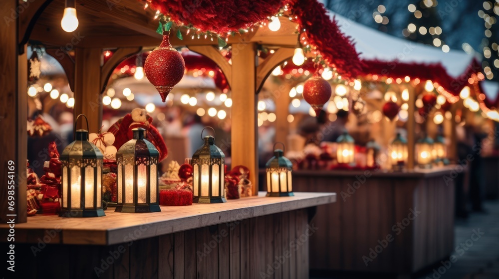 Fototapeta premium Cozy Christmas market booth twinkles with lights and decorations