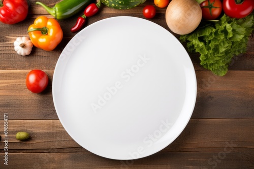 Top view of a white plate surrounded by an array of fresh vegetables and fruits on a light wooden background.