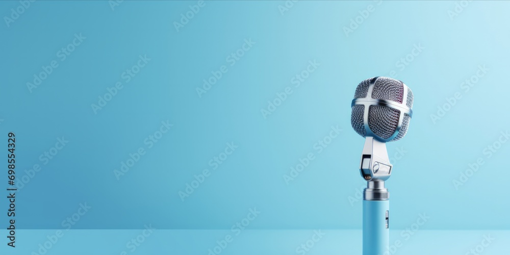 A microphone with a floating white box as a news label on a blue background. A microphone with a floating white box as a news label on a blue background.
