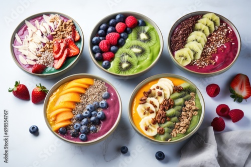 Healthy Smoothie Bowls, Colorful Smoothie Bowls Topped With Fruits And Seeds