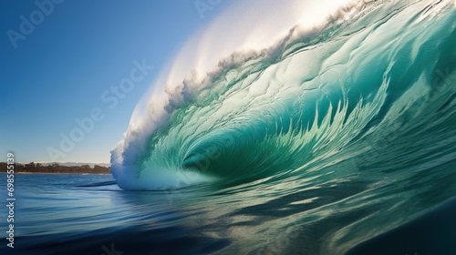 Powerful wave curls perfectly, ready to crash into the ocean's depths.