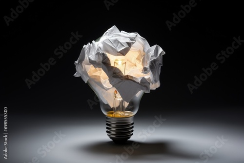 Light bulb and crumpled paper ball, concept of ideas and business, digital illustration. Generative AI