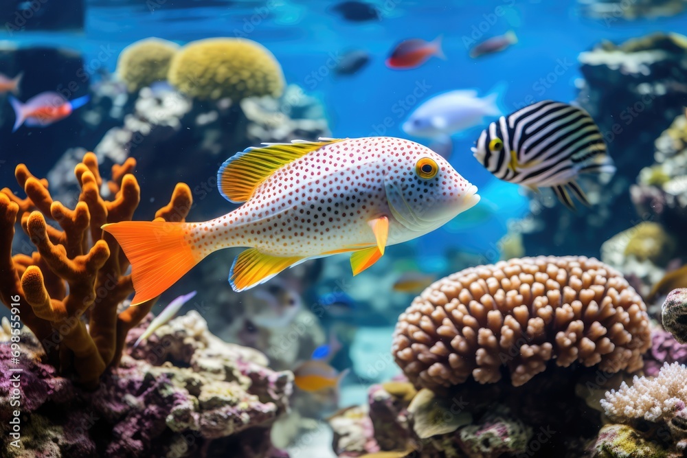 Vibrant Peachy-Orange Patterned Tropical Fish Thriving In A Lively Coral Reef Environment Vibrant Peachy-Orange Patterned Tropical Fish Thriving In A Lively Coral Reef Environment