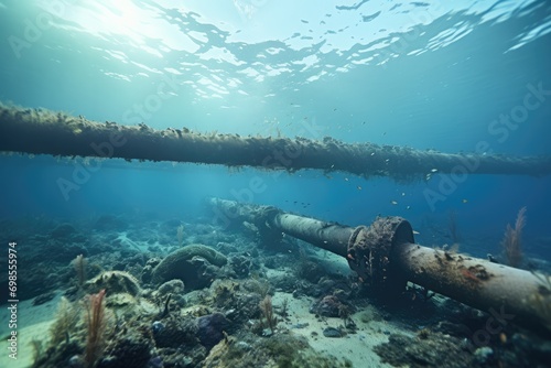 Underwater View Of Gas Pipelines, Highlighting Climate Risks And Pollution