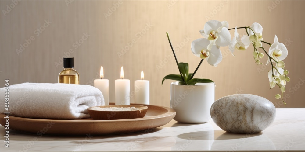 Spa treatment setup with herbal compresses, wooden bowls, and bottles on a white marble surface.